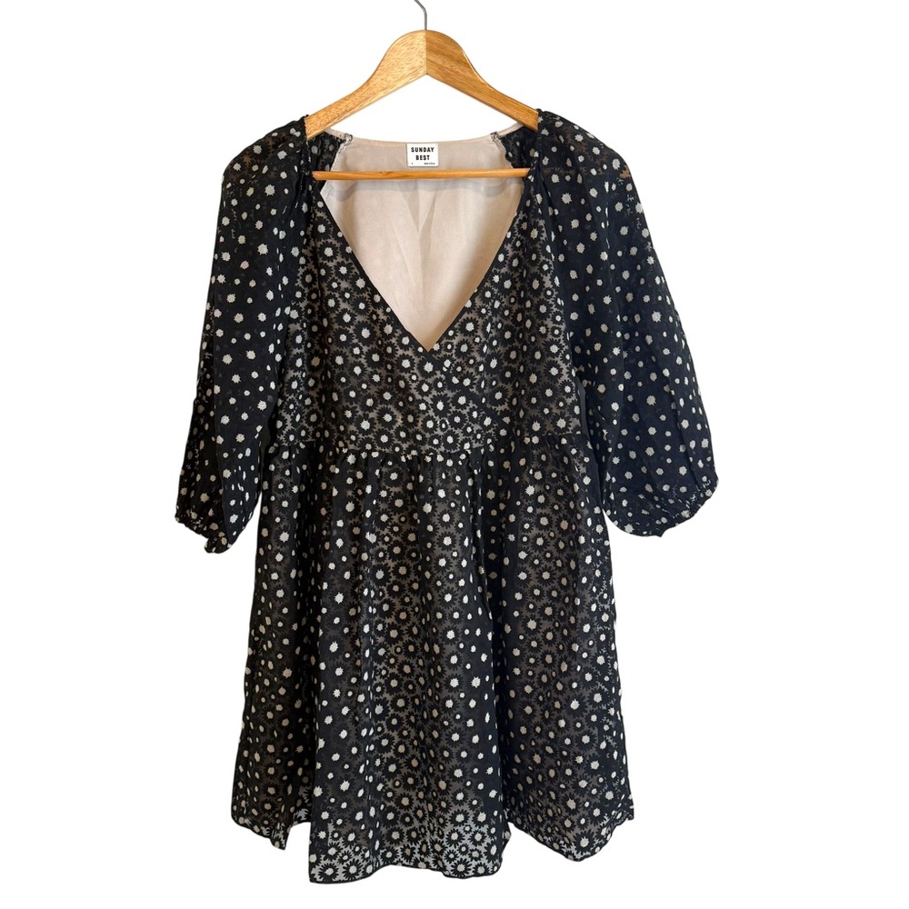 Sunday Best Black, Cream Bonita Floral Puff Sleeve Boho Babydoll Mini Dress